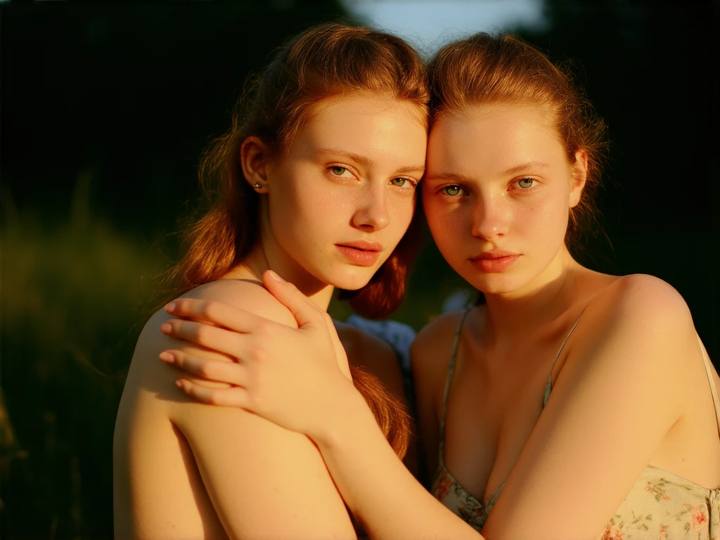 a beautiful young woman with long blonde hair, green eyes, and freckles, embracing another beautiful young woman with long red hair and blue eyes, both of them nude and wet, as if taking a bath together, (best quality,4k,8k,highres,masterpiece:1.2),ultra-detailed,(realistic,photorealistic,photo-realistic:1.37),detailed female anatomy,detailed skin texture,detailed facial features,extremely detailed eyes and face,longeyelashes,lush garden background,natural lighting,warm color palette,soft focus,elegant,sensual,intimate