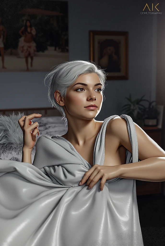 Generate the image of a couple. The beautiful Ana de Armas, gold eyes, short wavy blonde hair. Wrapped in a towel in a bright and sophisticated room. The expression is sexy. E Chris Evans.
The room is spacious.
fully body.