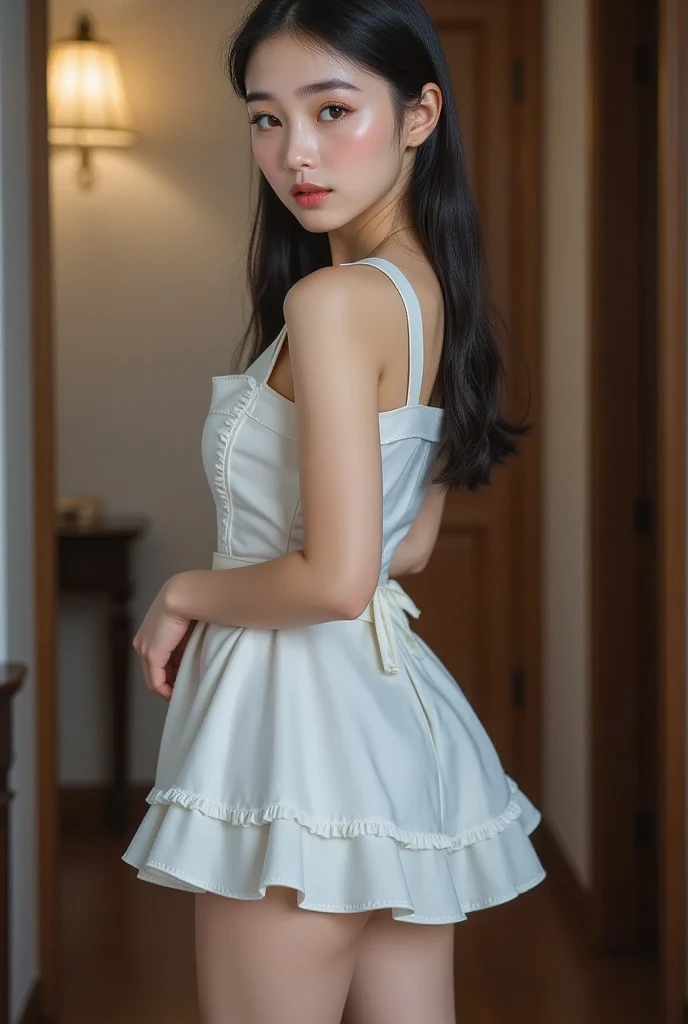 (((best quality))),(((ultra detailed))),(((masterpiece))),illustration,1girl,maid cafe,stunningly beautiful,slim,medium straight bob hair,flat chest,deep captivating eyes,maid costume,lace apron,bare arms,arms behind back,slender legs,pantyhose,graceful movements,confident charm,warm genuine smile,France cafe,sliding paper doors,delicious coffee pastries,warm inviting atmosphere,joyful eyes,Coffee Machine,upper body