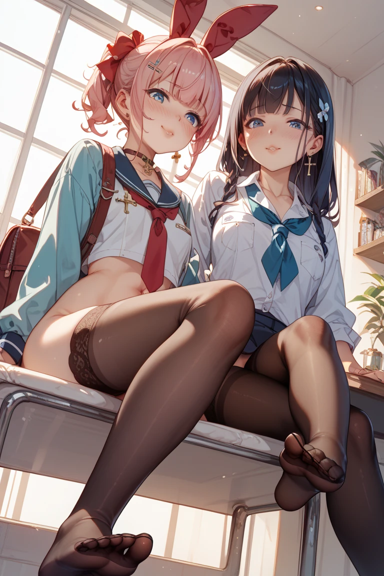 2 girls, smile, shirt, skirt, (small),((classroom:1.5))、、(blush:1.3)、((青いチェック柄のskirt:1.5))、Cowboy Shot、(skirt lift:1.3),(非常に詳細なpanties:1.3)、(非常に詳細なpanties:1.3)、、(skirt that rolls up:1.3)、(まる見えのpanties:1.5)、,((Pure white cardigan)),(((Luxury underwear)))、((Black embroidered underwear))),(((panties、Embroidery pattern))),(((bra、Embroidery pattern)))