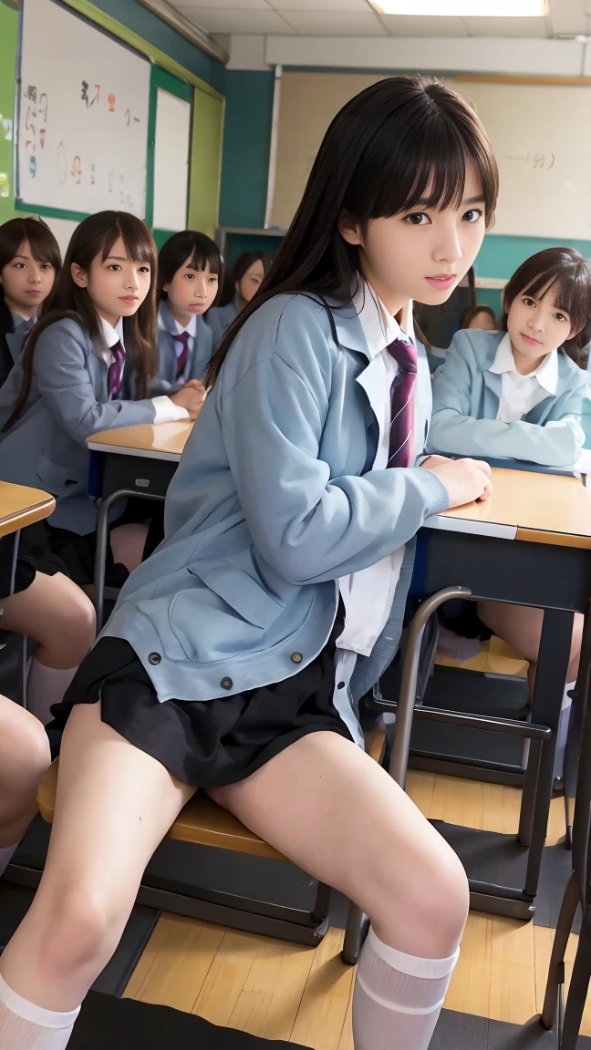 Photo of a beautiful Japanese 13 years old woman sitting on chair in class room,,after school,spread  legs ,Lift up your skirt and show your panties,