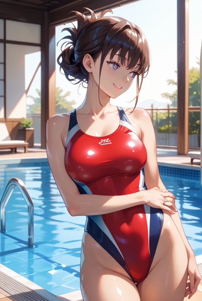 (mesa:1.3), (8k, fotorrealista, Foto CRU, melhor qualidade: 1.4), Japanese, (1 garota em), (Pele realista), pele bonita, Atraente, super high resolution, Um hiper-realista, altamente detalhado, (Woman in tight red swimsuit with attention to detail:1.4), butt-up diving position,QUEBRAR, (peito pequeno, bunda grande:1.3), peito saliente, Scenario, (ao ar livre, piscina, banco de piscina), size of the back of the panties width 4cm in v (arms on waist), dedo de camelo, de baixo, (sem maquiagem), (bonitinho), photon mapping, (professional lighting), molhadinha corpo molhado, camera focused on woman&#39;que bunda, in the background image of the pool and water reflecting the sun