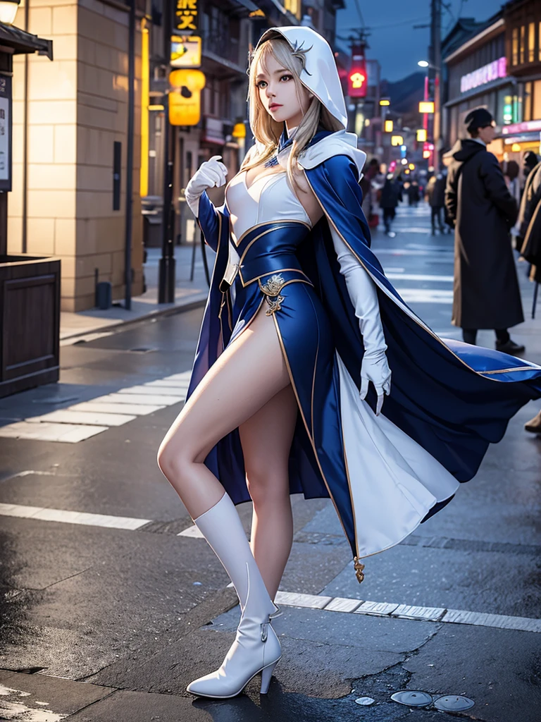 climbing a temple wall South korea ninja women mystery hooded on with modern royal Blue coat with long and wide sleeves with buttons and royal Blue cape and very high white heel over the knee and white gloves, As she reveals a small secret hidden blade coming from his palm , adding to the character's mysterious and agile appearance, with small movements of air on the cape,, in summer at night under the rain,medieval south korea house. sophisticated and highly detailed, ultra hd, realistic, hyper detailed, enhanced colours, ultra sharp focus, with vibrant, rich in details High quality, gorgeous, captivating, 8k, super detailed, stunning shadows, detailed lines, ready to make a murder