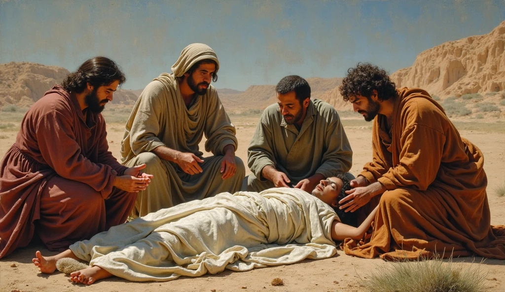 "Create an image that represents the biblical scene from Job 2:12-13. Show Job's three friends, Eliphaz, Formed by Zofar, arriving and seeing Job from a distance, barely recognizing him because of his wounds and suffering. Friends are crying out loud, with expressions of deep sadness. They tear their cloaks and scatter dust on their heads as a sign of mourning and pain.. Right away, show them sitting on the ground next to Job, in silence, sharing your suffering. The scene should convey a feeling of deep sadness and solidarity., with a desolate and gloomy scenery, reflecting the moment of great pain and compassion."