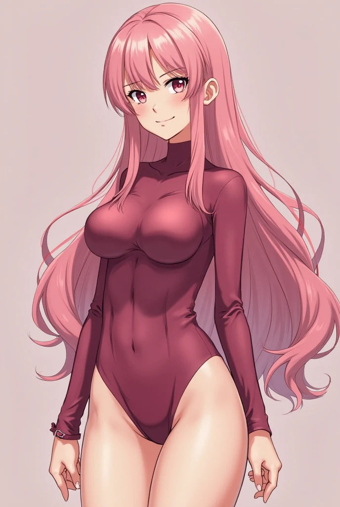 A beautiful woman with long, round hair and shoulder-length braids is standing blushing in an orange high-leg leotard that shows a little of her chest.。