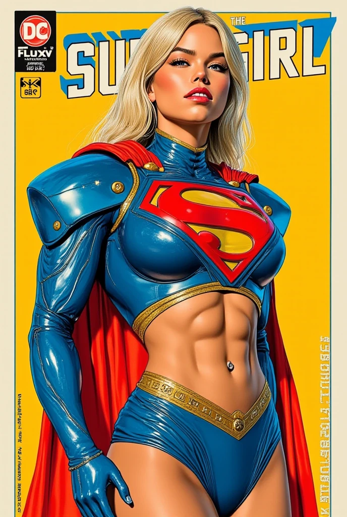 The character Supergirl, perfect costume, extremely beautiful blue eyes, perfect blond hair, smooth curves, perfect smile