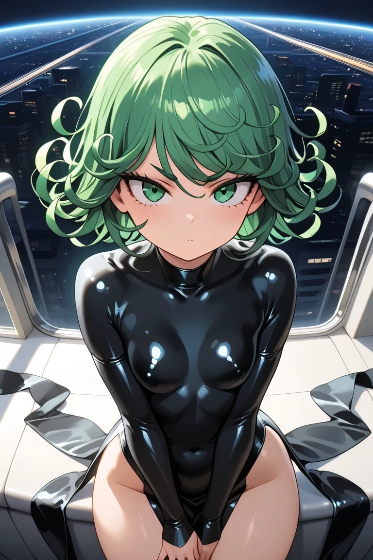 masterpiece, best quality, 1girl, tatsumaki, one-punch man, green hair, glowing green eyes, small breasts, black latex bra, black latex short shorts, fishnet, indoors, night club, dark, hazy, light rays, depth of field, dynamic pose,