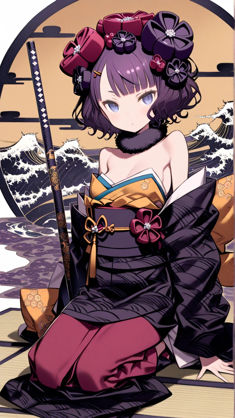 semi-naked gothic woman with pink horns and pink kimono on blue background, black hair, blue eyes, White skin, expression disinterest, anime style, retro anime, retro anime, Berserk style, Gothic, old anime, semi naked body lying in the forest