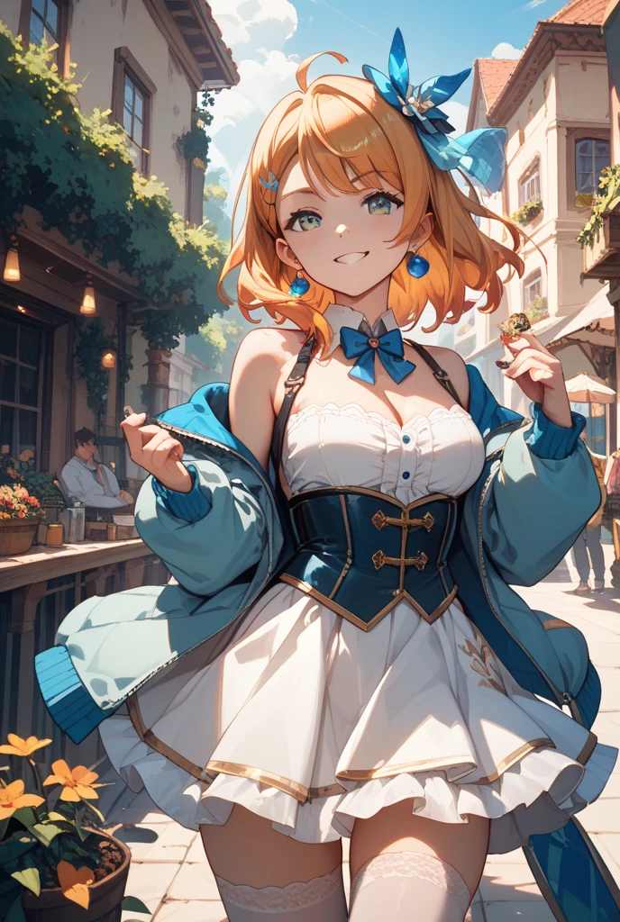 ultra-detailed,(best quality),((masterpiece)),(highres),original,extremely,<lora:nilou2x_xl:1>,nilou, horns, lumine (genshin impact), navel, crop top, smile, stomach, breasts, blonde hair, blue eyes, hair ornament, solo focus, bare shoulders, midriff, looking at viewer, shirt, shopping bag, white headwear, low twintails, multiple girls, holding, hat, bag, white shirt, flower, hair flower, medium breasts, closed mouth, paimon (genshin impact), alternate costume, glasses, clothes around waist, jewelry, standing, shopping, detached sleeves