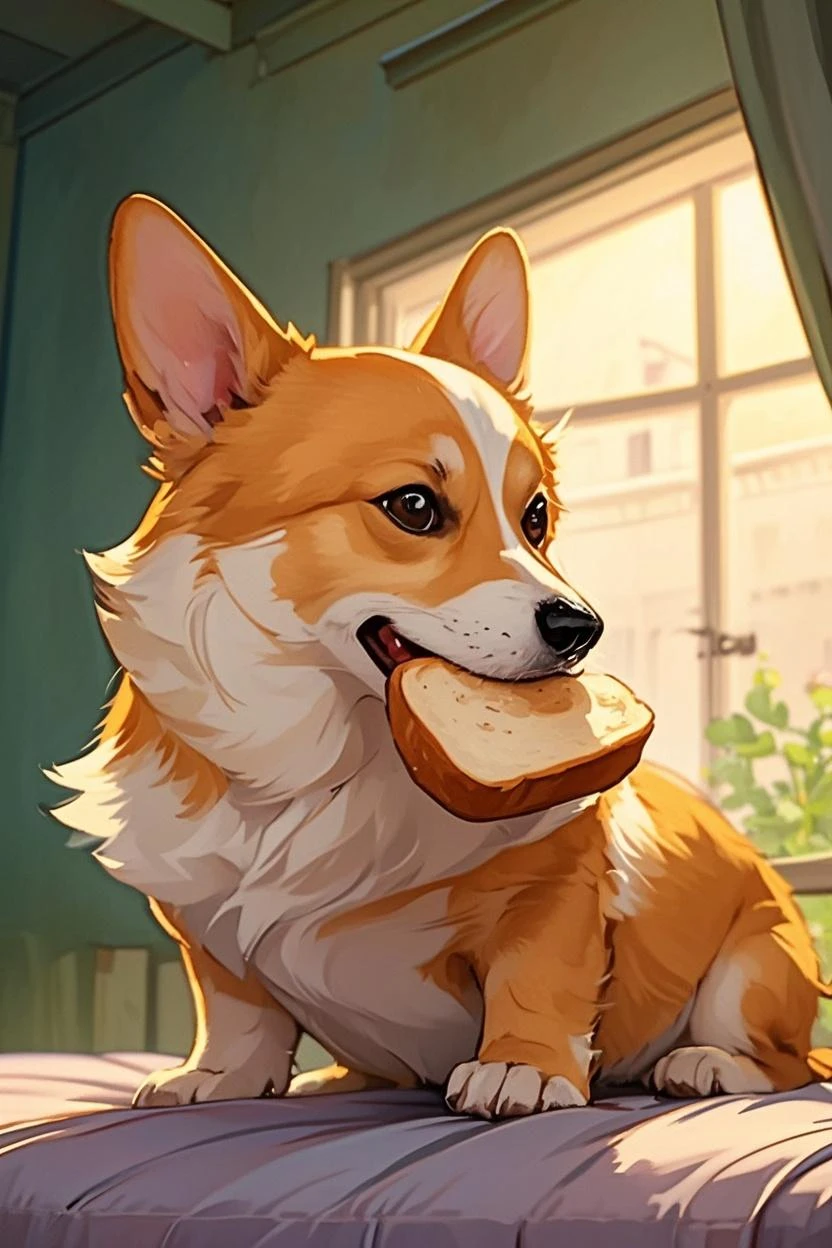 Masterpiece, best quality, 8k resolution, cinematic lighting, a cute puppy, yellow colour hair,eating , bone, forest,