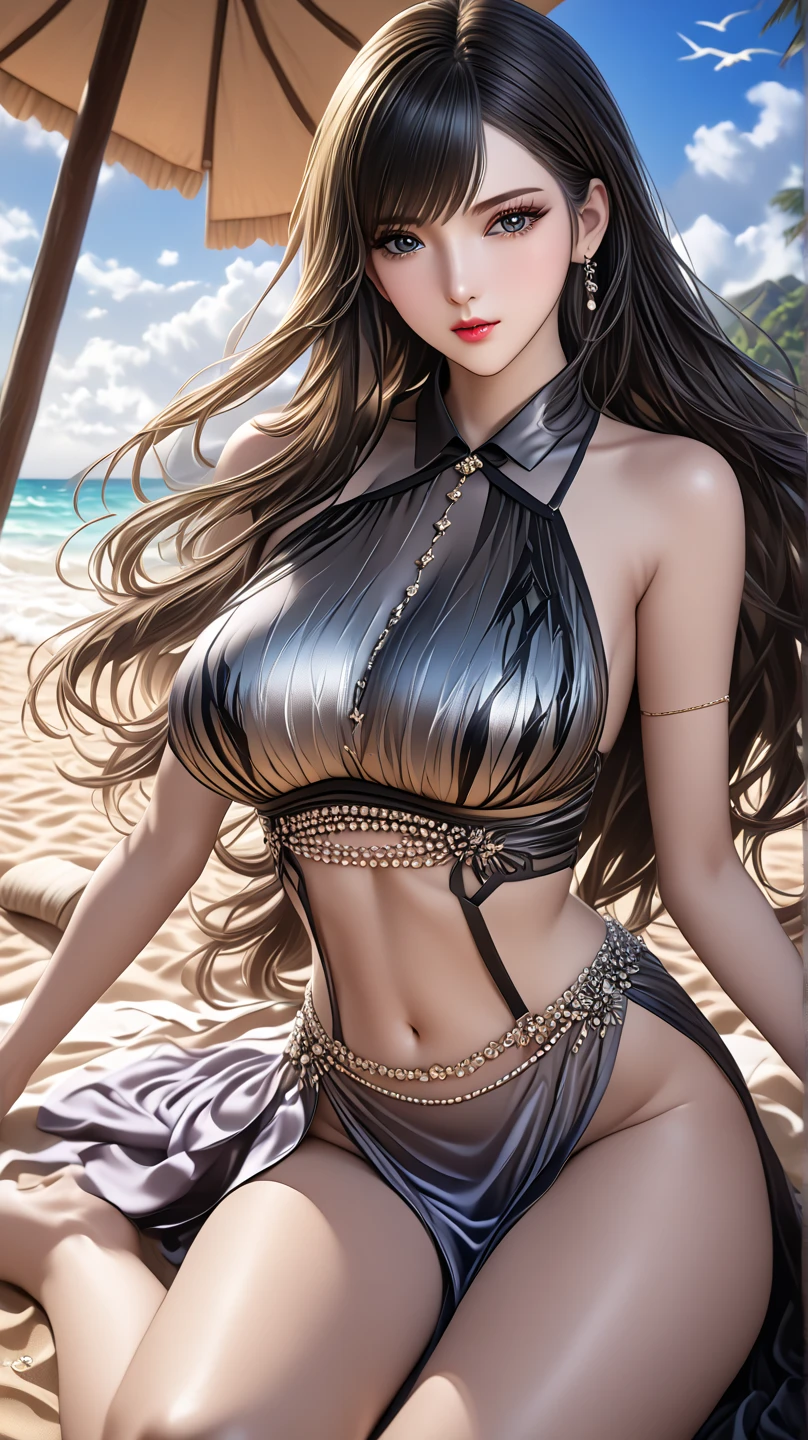 best quality, Masterpiece , teenage girl, dark brown ponytail, beautiful face, Geometric print bikini, Deep V-neckline, Beautiful, thin stomach, big breasts , Wet body, Extraordinarily detailed face, Detailed eyes, Double eyelids, fit, sexy, Beautiful lake and mountains, CG Highly detailed, Very beautiful and elegant,Detailed eyesมาก, Fine texture, Detailed fabric, Beautifully detailed face, complicated details, Special details, 3d, 30k, movie theater light, Stunning light, shallow depth of light, Beautiful clothing details, Highly detailed, UDR, Sharp focus, Physics-based rendering