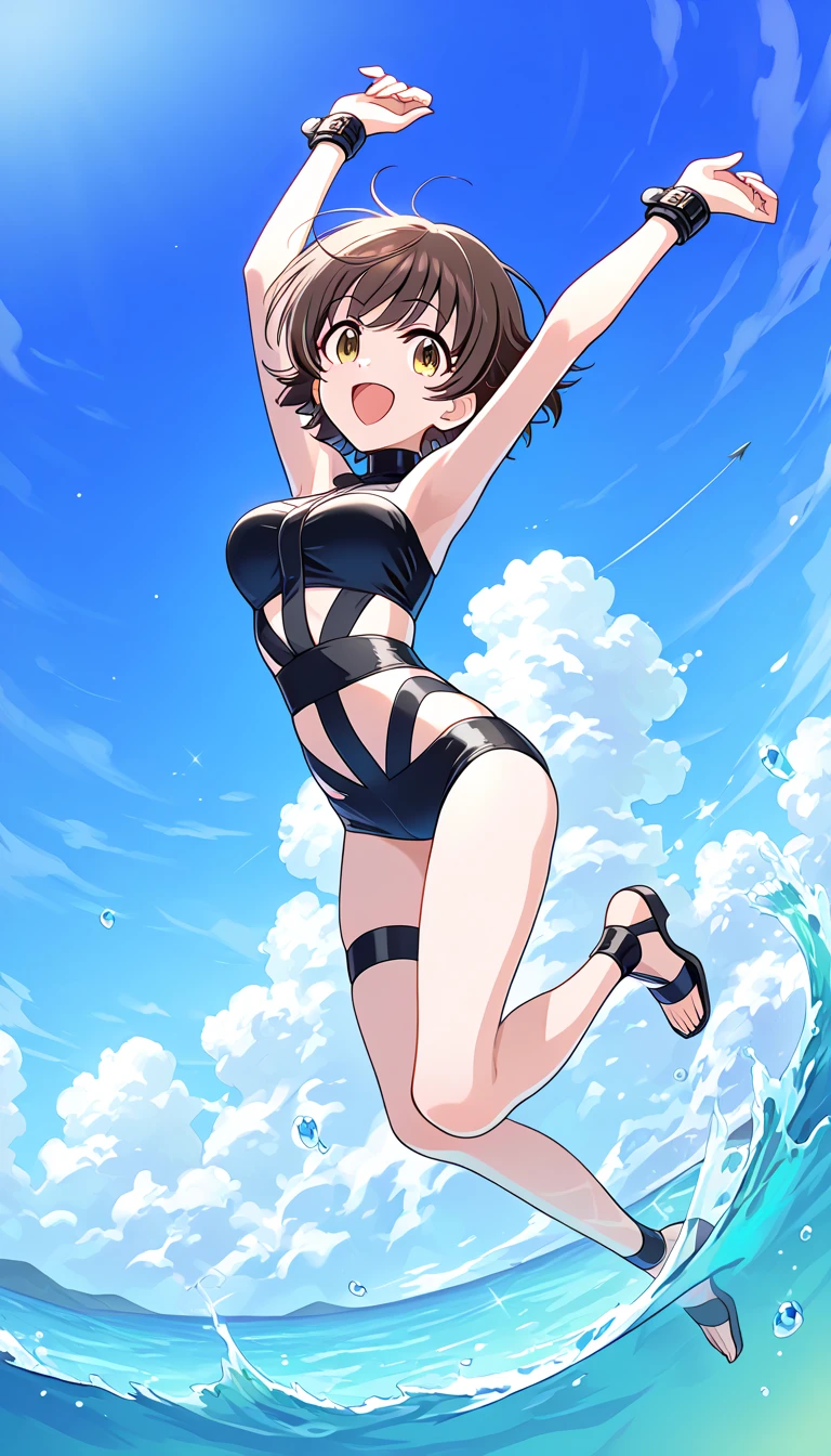 masterpiece, best quality, highres, 1girl, suzumiya haruhi, solo, superhero, leotard, bare legs, brown hair, short hair, brown eyes, hairband, medium hair, ribbon, boots, matching boots, medium breasts, cowboy shot, standing, smile, city backdrop,