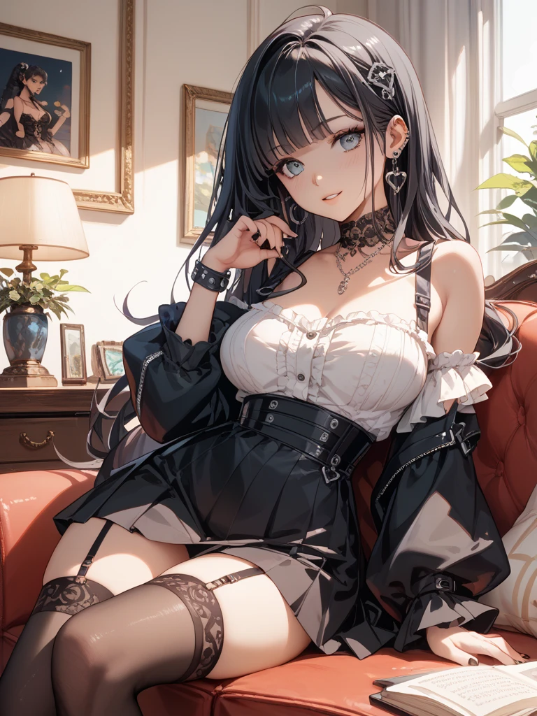 1 girl, watery big eyes, Low RA:Add to_the detail:1，black lace cleavage underwear，Inside the living room，flatchest，Black stockings，shyexpression