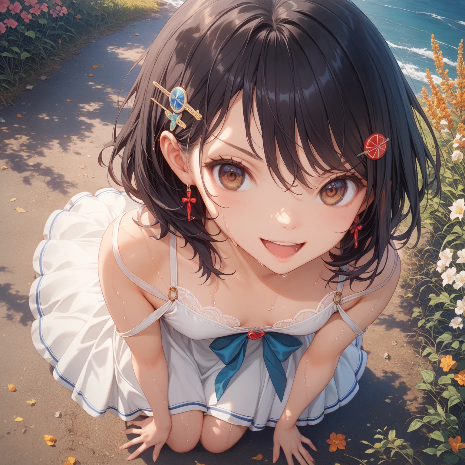 Highest quality、High resolution、Detailed Background、(Beautiful face in every detail:1.4)、Anatomically correct、(Detailed facial expressions)、(fine grain:1.2)、Teenage Beauty、Cute hair color、Braided Ponytail、Braided bob cut、Braided twin tails、Lower grade primary school students, (Pastel sleeveless swimsuit:1.5)、Long skirt、Perfect body line、((Jump off a cliff with both hands raised:1.5))、The skirt flutters、Just before landing、Full body shot from the front、Close-up of the mouth、(Sweaty:1.5)