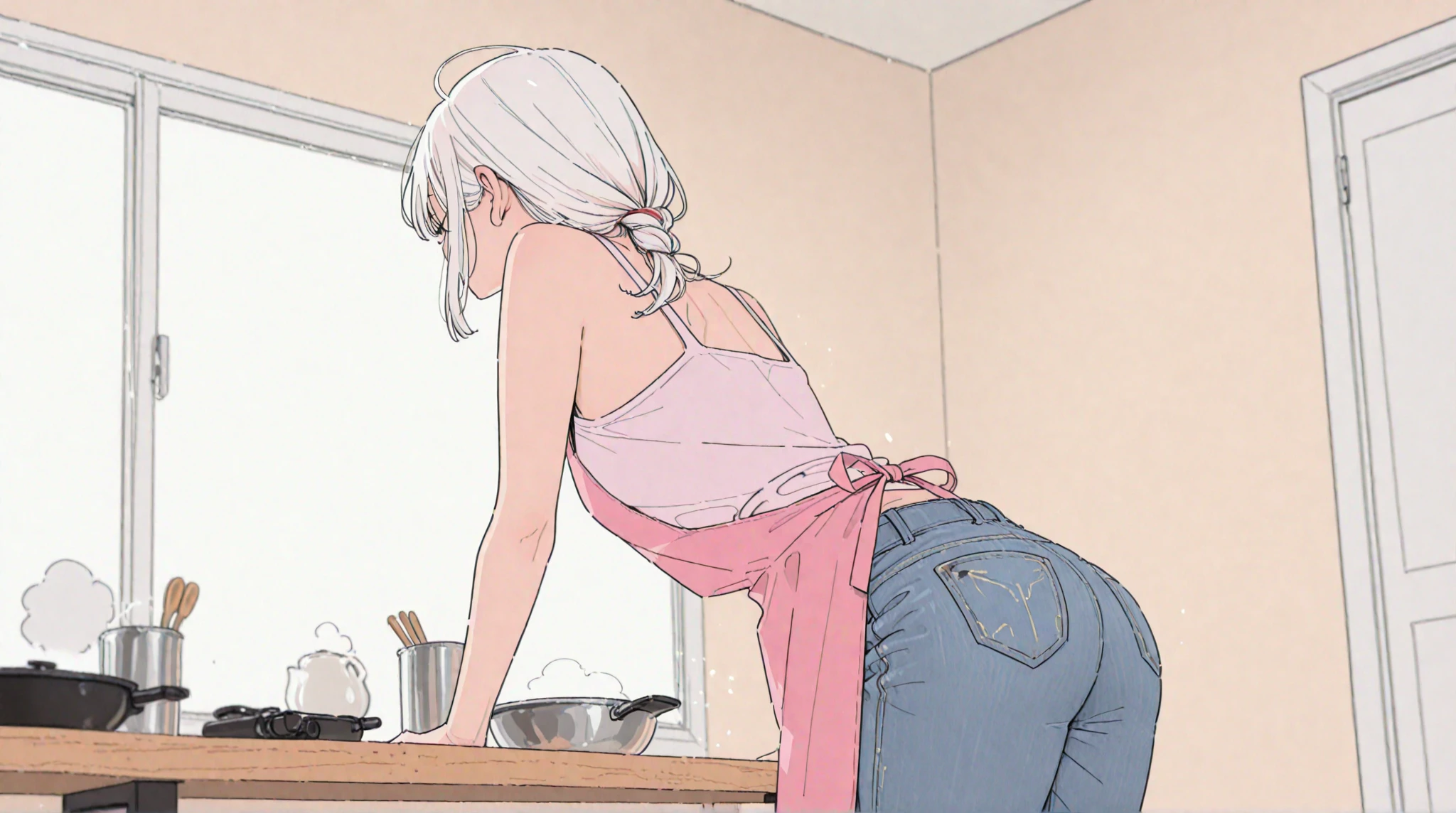with extremely long braided twin tails bending over and reaching into an open refrigerator grabbing a beer wearing only an oversized baggy T-shirt, no panties, no shoes, no socks, tired expression, Side profile view