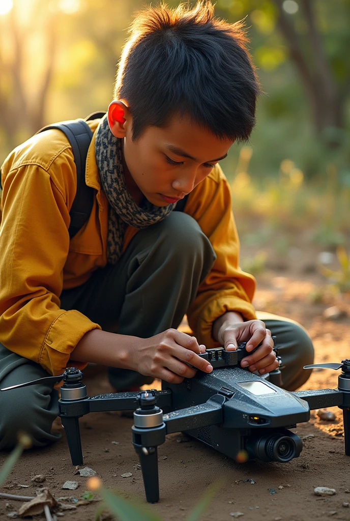 A teenage boy taking photos of bugs in nature by mobile.