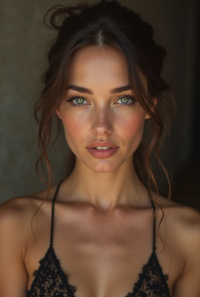 "((Photo d'une belle fille entières)), ((Nationalité espagnol)), ((brune)), ((Cheveux attachés)), La fille a l'air timide, ((Visage détaillé)), ((peau détaillée)), silhouette attrayante, ((grands yeux bleus ronds)), eye-liner ????, ((Lèvres sensuelles)), pose suggestive, ((s'sans aucun vêtement)), ((vient de terminer une séance de sport du matin)), ((La photo doit être de la plus haute qualité)), ((très réaliste)), ((naturel)), ((clair)), environ 20 ans, ((en mode selfi miroir))"