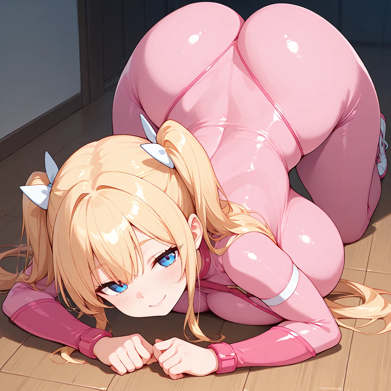 ((masterpiece, best quality)), high resolution,ultra detailed,8k,16k,detailed background, perfect lighting, 1girl,solo,nsfw,embarrassed,blush,(all fours,from behind,bottomless:1.4),(from front,steam,sweat:1.2),fisheye lens,close up anus,show your butt,look at viewer,wavy mouth,small butt,pussy juice,
,(short_stature,kawaii,flat chest),kokonoe rin,long twintails,very long hair,blond hair,black eyes,very little body,,gym wear,red randoseru