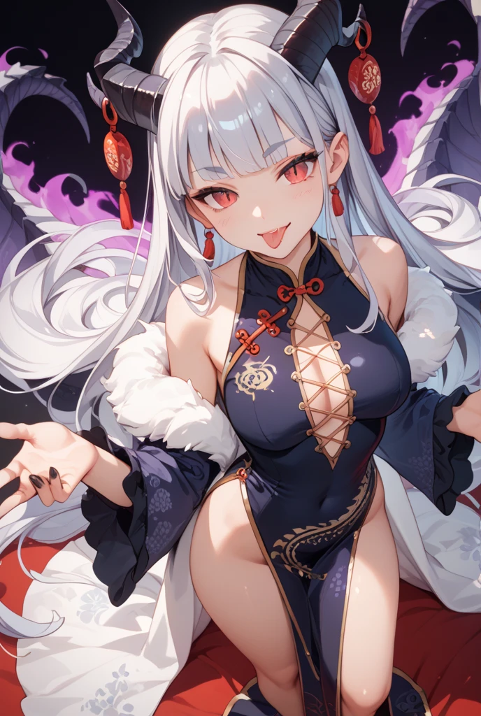 Highly detailed CG Unity 8K UHD quality resolution wallpaper, award-winning portraits, official art, perfect masterpiece, highest quality, highest resolution, the most beautiful demon goddess, cowboy shot from below, Highly detailed Harajuku style hooded open kimono, demon horn, black angel wings, bold colors and patterns, Trendy and innovative platinum white mohawk hairstyle, bright makeup, super huge huge , showing cleavage, Huge breasts protruding from the kimono, lots of tattoos and piercings, Detailed feudal japanese dazzling feudal japanese bedroom, cherry blossoms blowing in the wind, Vivid color scheme, insane details, beautiful detailed face, blush, sexy seductive slutty look, looking at the viewer, Close up pov camera view from below, Slutty cheeky seductive sexy dynamic pose, intricate details, Super detailed.