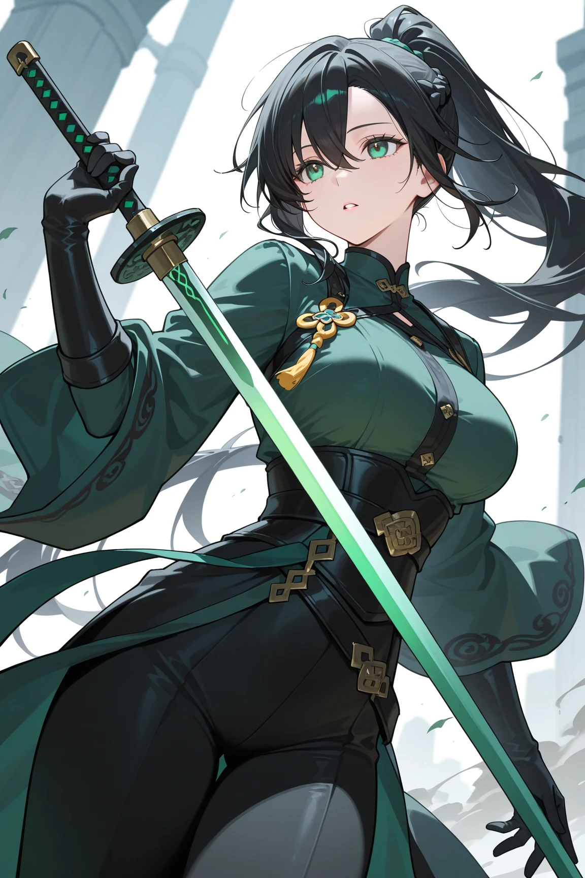 4K,hight resolution,One Woman,Green hair,poneyTail,Red Eyes,Colossal tits,Green cheongsam,long gloves of black color,Black boots,Japanese Katana Sword,Futuristic city
