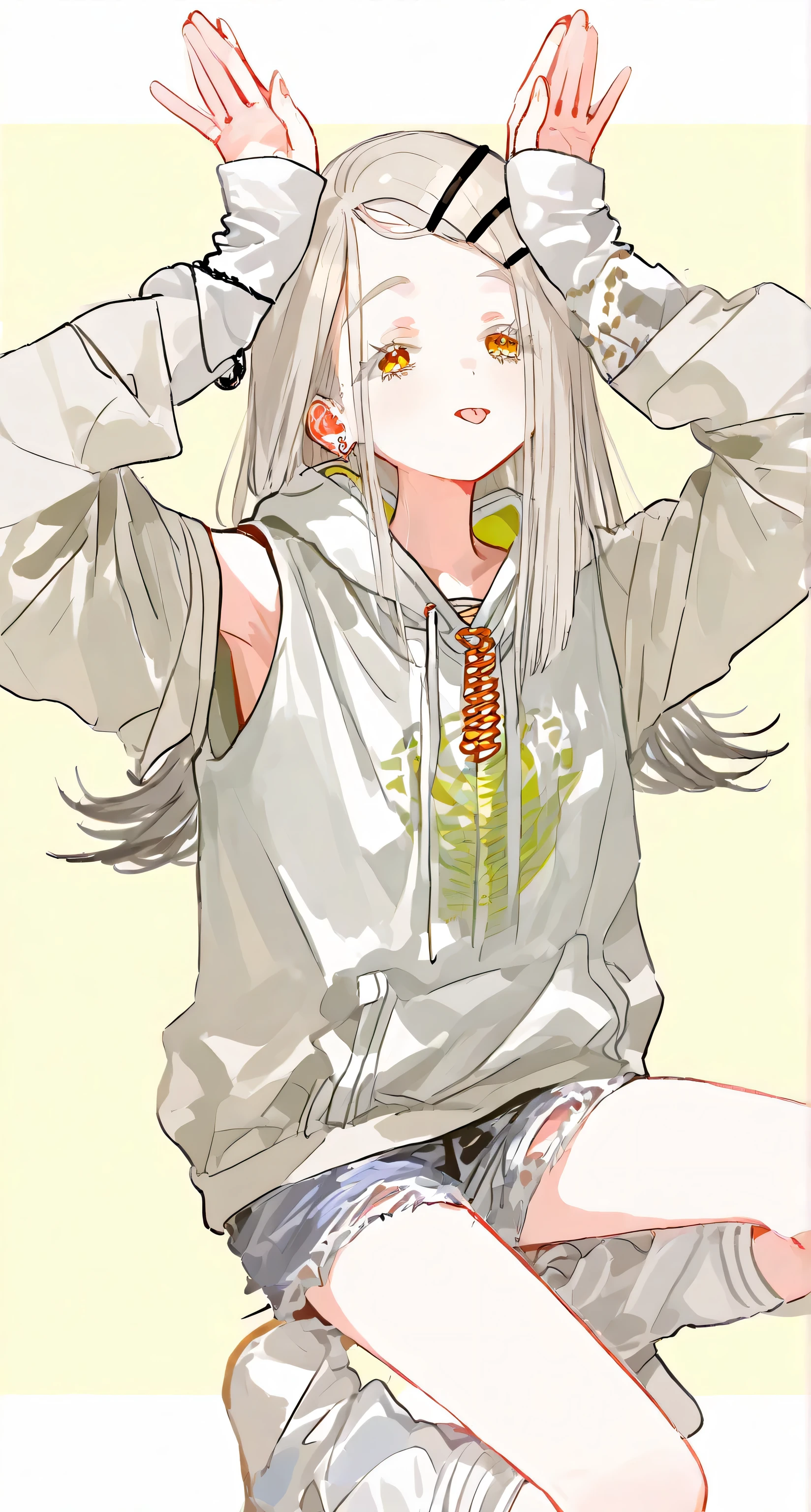 Sleeveless hoodie, oversized arm warmers, bunny pose, tongue, ((Hiro Shinosawa)), Gakuen iDOLM@STER, loose socks 
