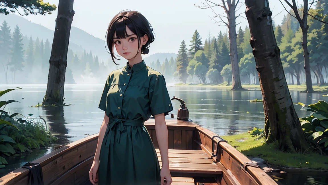 Best quality, realistic, high-definition, game CG, masterpiece, a little fisherman girl, cute, fisherman's costume, smile, canoe, lotus pond, bare feet kicking water, fish jumping, butterfly flying