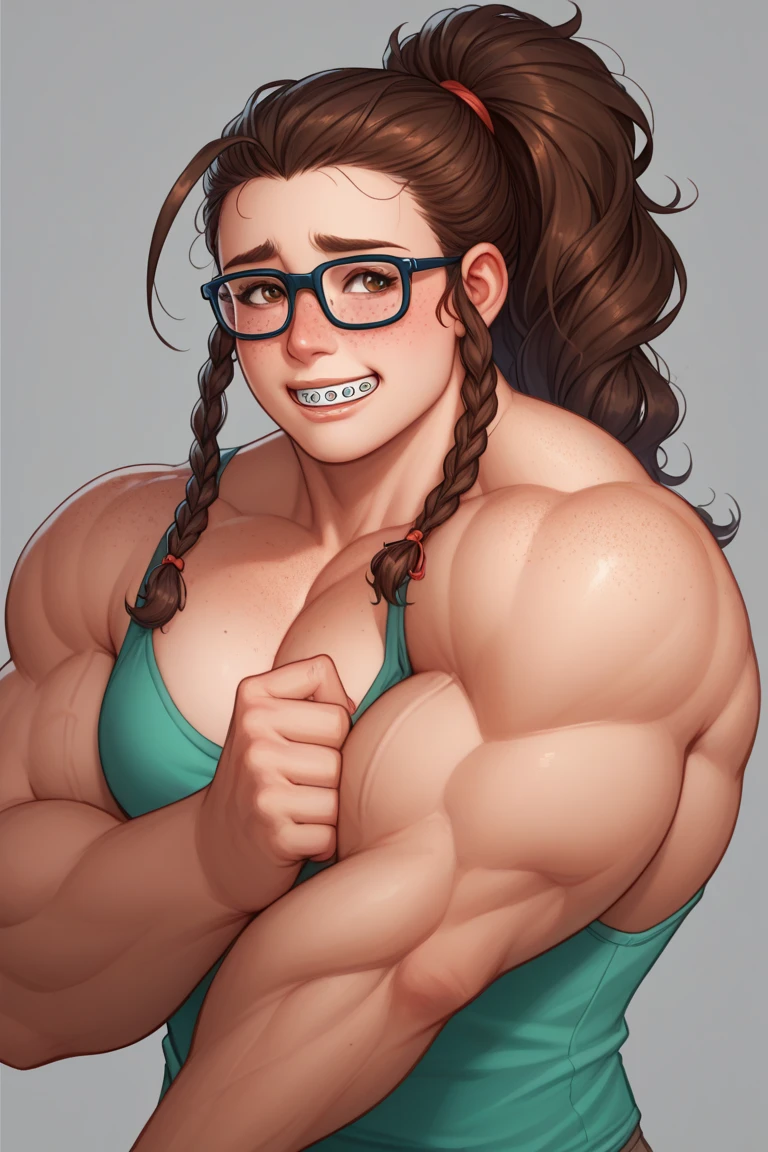 cute woman, skinny, muscular, feminine face, long hair, very detailed, smile, proud,  blushing, flexing biceps, hairy arms