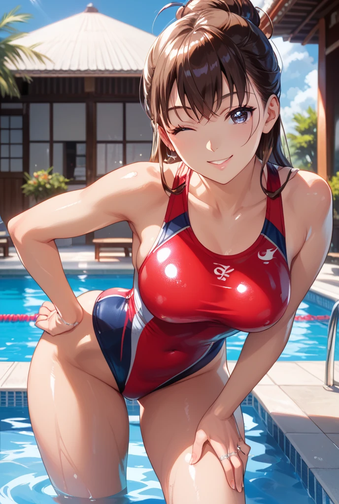 top-quality、Full limbs、complete fingers、Slender beauty、poneyTail、Longhaire、Brown hair、Raw feet、Red competitive swimsuit、Beautiful Large Breasts、Being in the park、There is a pond、is standing、sexypose、A big smile、Sweating、Wet texture