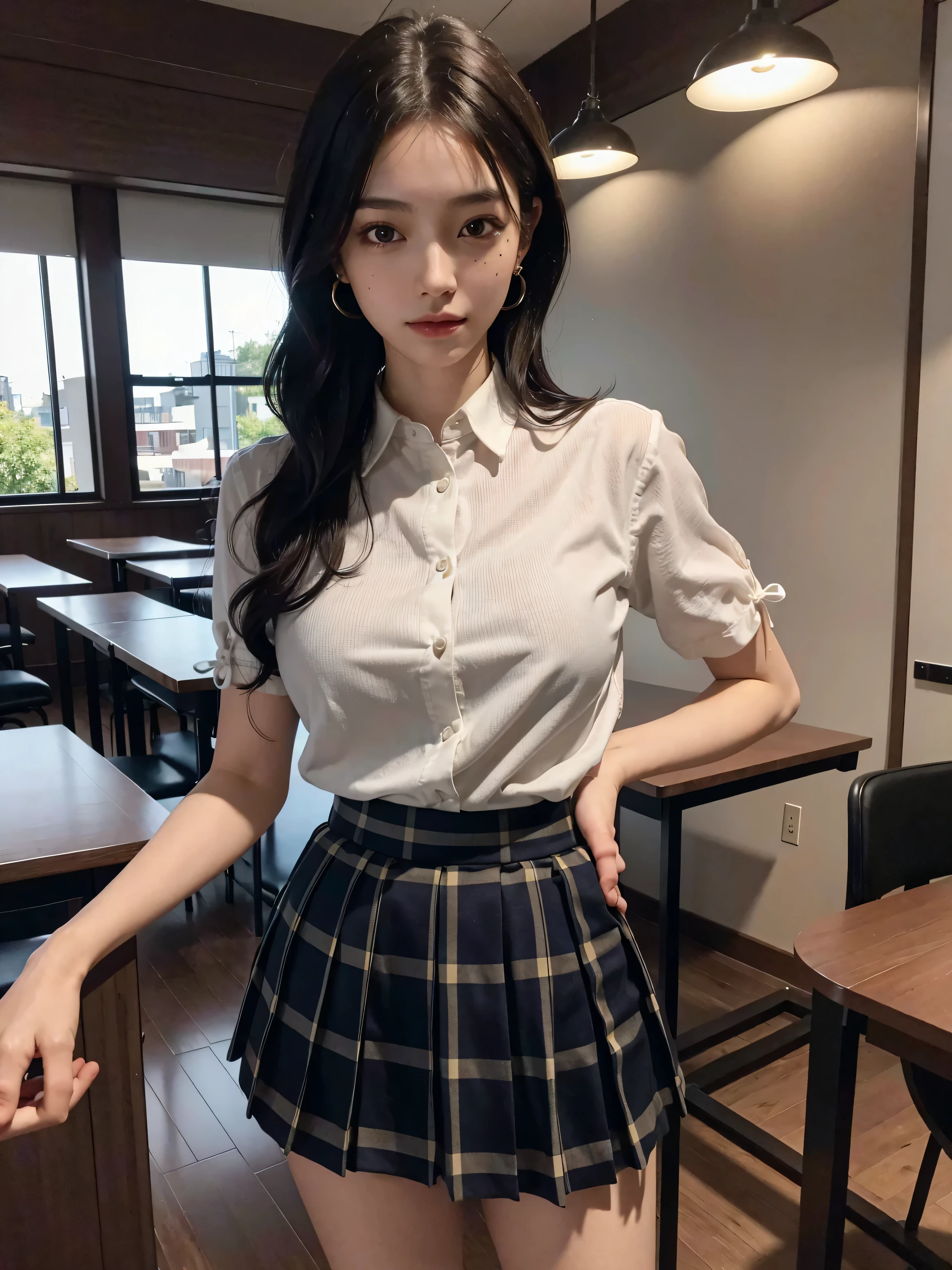 ((1 girl)), ((Best Quality)), ((Ultra-detailed)), ((High resolution)), (8K Wallpaper), ((Perfect dynamic composition)), Realistic, Indoors, In the classroom, A blackboard and some tables, ((Cinematic lighting)), Solo, Cowboy shot, Japanese girl, Wavy long hair, Bangs, Brown hair, ((Beautiful detailed eyes)), , (Dress shirt:1.4), White shirt, ((Large breasts)), (Huge breasts), Short sleeve, Navy pleated skirt, Short skirt, Standing, Seductive pose, Smile, (Looking at viewer)