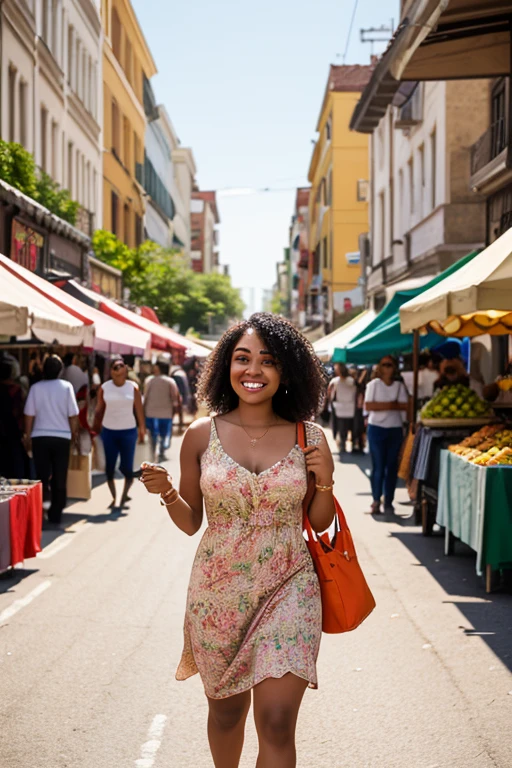her name is Valentina, high quality, 1girl, ((20-year-old fit Latina woman)), ((20 years old)), ((Big tits)), long curly hair, pose: sitting, wearing stylish fashionable Generation-Z modern wear different colored, BACKGROUND: In the lively Lapa neighborhood, where samba rhythms fill the air and street vendors offer colorful crafts, locals gather for a lively evening of music and dance.