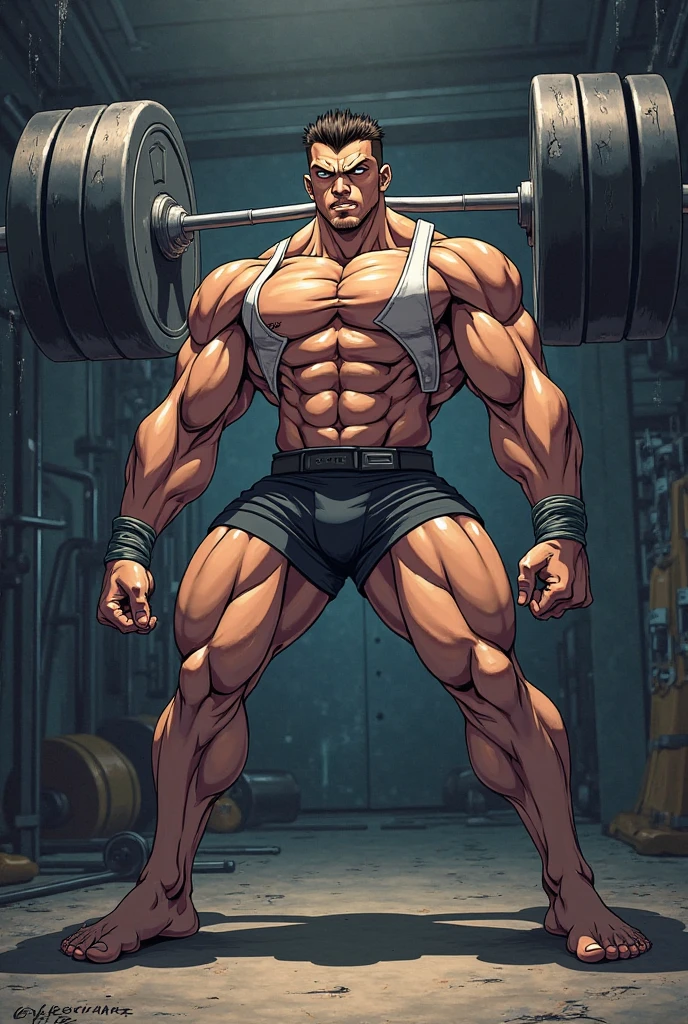 Robust athlete man, upper body revealed, legs uncovered from thighs to feet, bearded with beaded accents, flowing long curls, meticulous muscle definition, lifelike representation, 4K quality. Background: Gymnasium with weights and exercise equipment.,32k uhd, best quality, masterpiece, super detail, high details