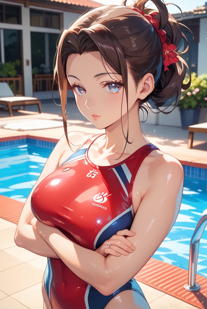 Masterpiece: 1.2, Best Quality), Realism, (Real Pictures, Intricate Details, Depth of Field), (1girl, Solo), Makeup, Lips Apart, High Detail, Perfect Face, (Huge Breasts: 1.4), (Skindentation), ( Long Legs)), Wide Buttocks, Thin Waist, Tall, Coral Lips, Brunettes, Dark Eyes, ((Basketball Girl, Haruko Akagi, Red Basketball Suit)), (Sweating: 1.2), (Wet), Sexy, Blush,