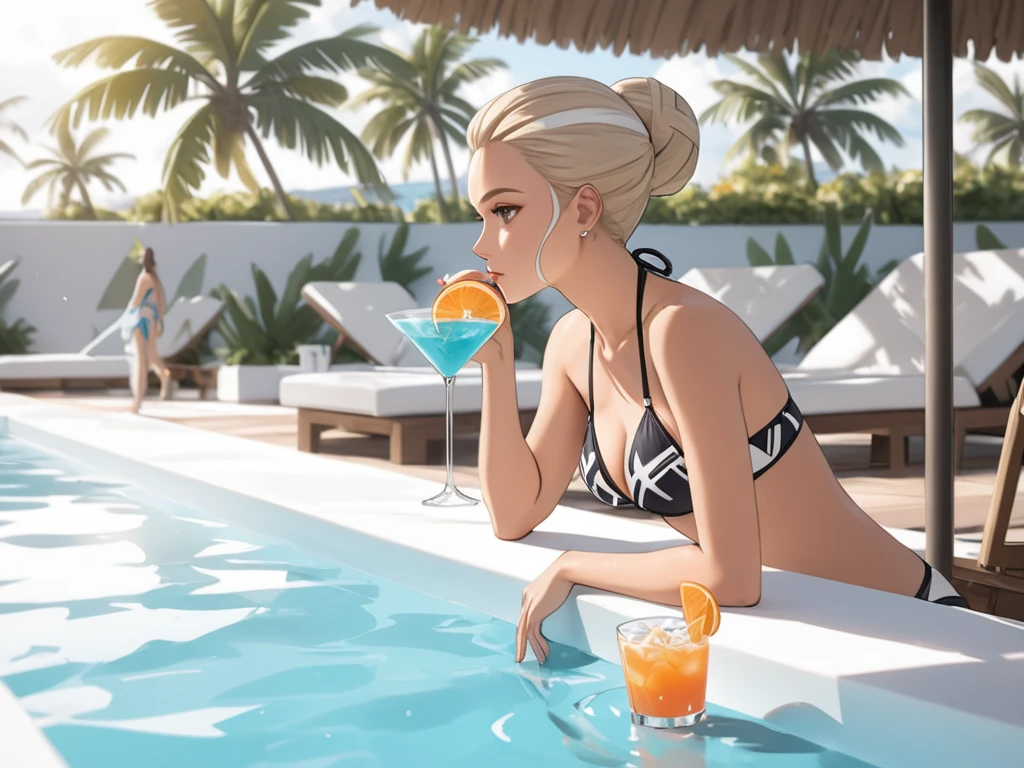 looks to the side, mouth open, mouth open, looks into the distance, girl in Blue bikini and black Elastic cycling shorts sitting in tropical coffee with a glass of freshly squeezed juice with sea views, adult, [Nordic], Hourglass body, perfect Olive skin, Oval Face, Long neck, Rounded shoulders, perfect hand, Attached Pointed ears, round forehead, Short blonde Waves pixie hair, snub nose, Arched eyebrows, Monolid blue Eyes, High Round Narrow cheekbones, Dimpled Cheeks, Rounded Chin, Rounded Jawline, Fine Puppet Wrinkles, Full nude Lips, (blue eyes), Nude Makeup Look, long eyelashes, third breast size, (graphic style of novel comics), perfect hands, 2d, 8k, hyperrealism, masterpiece, high resolution, best quality, ultra-detailed, super realistic, Hyperrealistic art, high-quality, ultra high res, highest detailed, lot of details, Extremely high-resolution details, incredibly lifelike, soft cinematic light,