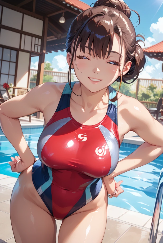 qualidade superior、membros completos、dedos completos、1girl、((uma mulher bonita、solo))、Seios grandes bonitos、medium hair、poneyCauda、race queen costume、Mulher no leotard vermelho e branco com logotipo、Red arm cover、Guarda-sol tricolor、Mulher com bota longa branca1 Circuito、formula 1、F1、carro de corrida))、poses、Um grande sorriso