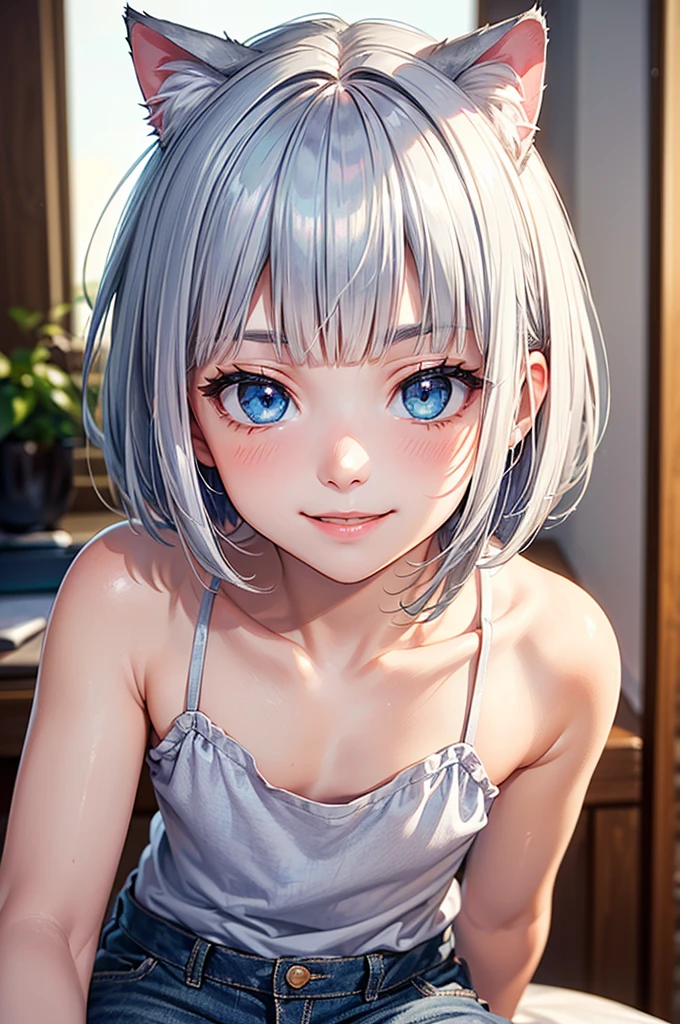 highest quality、Realistic、Women、Japanese、zoom、look up、cute、Ocean、Cobalt blue eyes、Platinum Blonde Hair、Short Hair、Tank top、Denim pants、Face close-up、slender、Small breasts