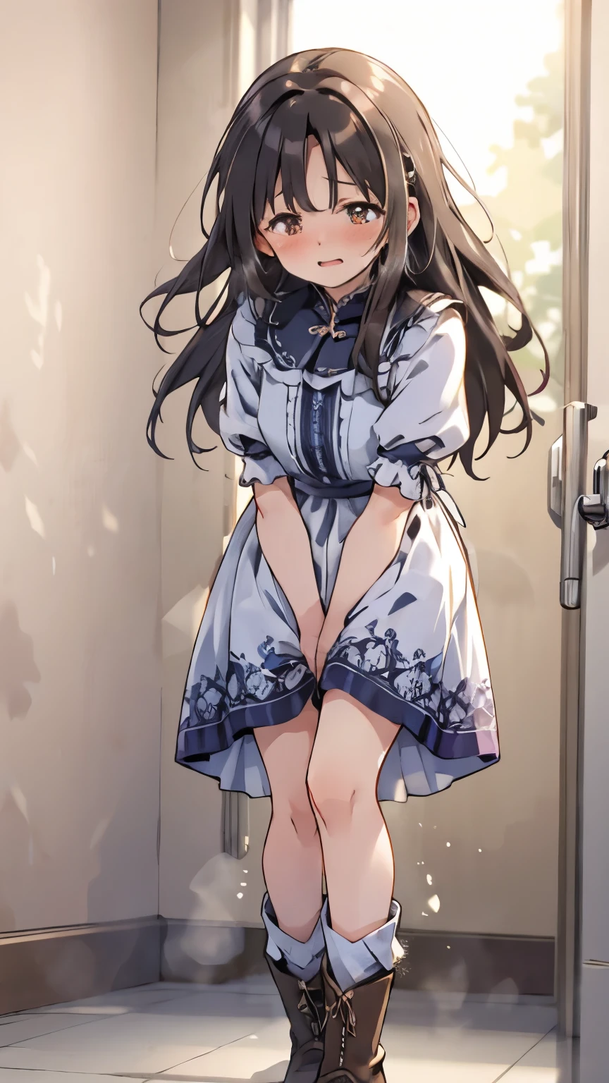 (ultra-detailed, best quality, detailed face, anatomically perfect body), parted lips, shiny skin, (1 short girl, have to pee, very desperate to pee, have to pee), street, standing, (smock blouse:1.3), (long skirt:1.5), (footwear, braid:1.3), clutch, (have to pee:1.6), (just before the bladder limit:1.5), (knees together and feet apart, Rub each other's thighs:1.6), (hand between legs, leaning forward:1.2), (rub crotch:1.6), (girl can't stand up straight), (constricted pupils:1.3), (erotic twist of the body:1.2), (sad:1.2), (blush:1.6), (embarrassment:1.4), flowing sweat, (fear), (breathless:1.8), (squint eyes:1.3), (looking away:1.2), (full body:1.3), (top of stairs, from below:1.3),