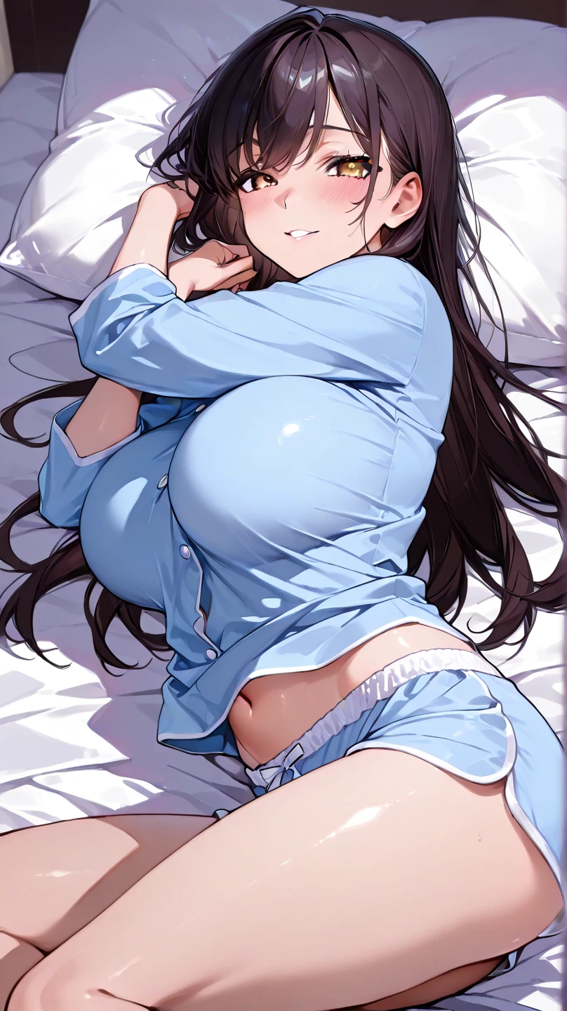 (highest quality, high image quality, 4k, masterpiece, high detail), beautiful eyes, super detail, perfect shading, illustration, beauty, beautiful, ((1 woman)), mature adult, dynamic pose, from above, brown hair, smile, moist eyes, cheeks red, 1 woman, solo, bed, lying, sleeping, ((open crotch, open legs)), underwear, (underwear only), disheveled hair, camel mouth, do not hide crotch,