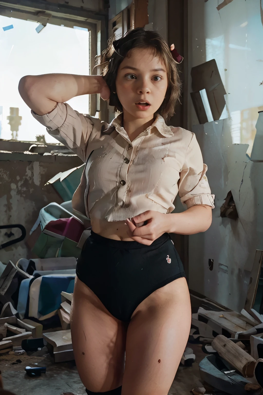 (masterpiece, highest quality), 1 girl, beautiful face, beautiful body, wearing a Black gymnastics bloomers, High leg、white blouse, cowboy re standing、full body portrait、alone, complex details, enlarged textures, complex details, finely detailed eyes and detailed face, intricate details, perfect eyes, equal eyes, perfect body, extremely detailed, (), extremely realistic 3d,While taking off her bloomers,Scared girl、shout、Convulsing with fear、 in ruins、Abandoned castle、Gothic style Western-style building