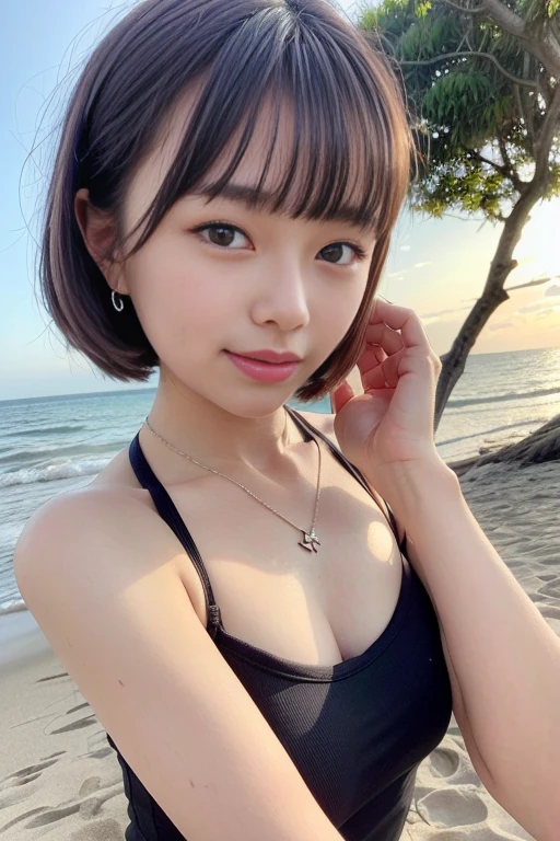 (kawaii 24 year-old Japanese girl, Nogizaka idol, Korean idol), (glossy black hair, medium bob, bangs:1.3), (even and symmetric hair design), (deep black eyes, rounded face, single eyelid, no makeup, soft smiling:1.2), (wearing bikini swimwear:1.3), (extra small breasts:0.9), (looking at camera:1.2), BREAK, (sitting on the beach, summer daytime:1.3), (view from above, full body shot:1.3), BREAK, (masterpiece, best quality, photo realistic, official art:1.4), (UHD, 8K quality wallpaper, high resolution, raw photo, golden ratio:1.3), (shiny skin), professional lighting, physically based rendering, award winning, (highly detailed skin, extremely detailed face and eyes), Carl Zeiss 85 mm F/1.4, depth of field, 1girl, solo,