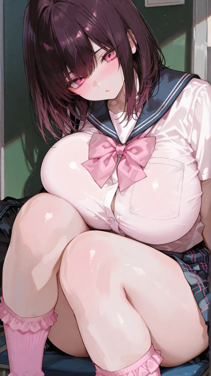 (masterpiece, best quality, ultra-detailed, high resolution, detailed eyes), {vulgar}, nsfw, takeda hiromitsu style, from above, {{{1mature female}}}, (school girl uniform), curvy body, big eyes, tears, slave, pet collar, skirt lift, showing off nipples, nipple pierce, (blushing:1.3), (open mouth:1.4), (tongue out:1.4) (drool:1.5), (breath:1.3), (orgasm:1.2), (trembling:1.2), looking at viewer, squatting, spread legs, masturbation, fingering pussy, breast grab, sweaty skin, breast milk