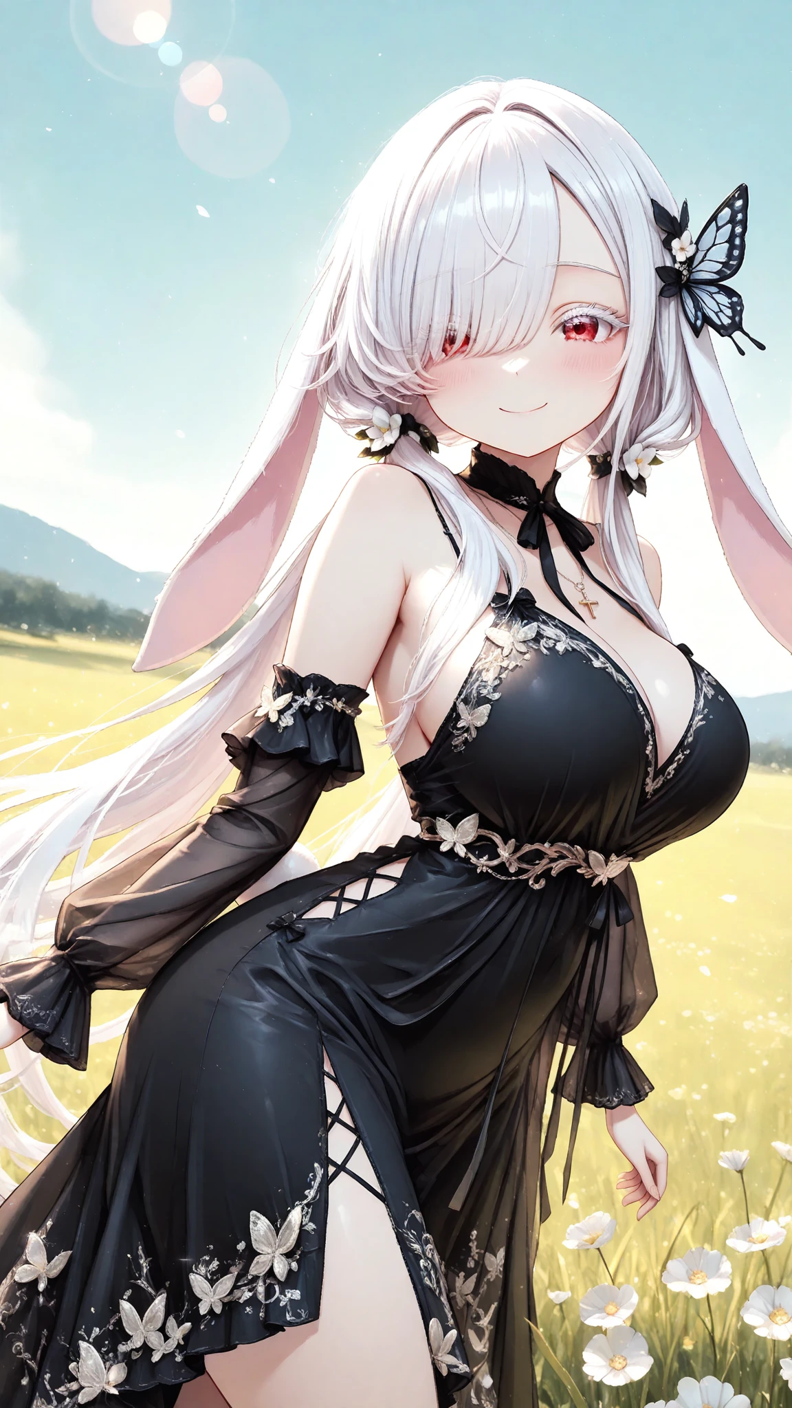cute girl,Cow, girl dressed as a cow, White hair, bell, Cow horns, cow ears, cow tail, bell
