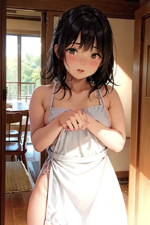 1 girl, ((naked)), (((visible pussy))), ((sitting having breakfast in the kitchen)), ((transparent seat))