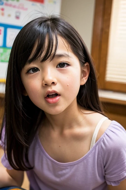 photo realistic, pov, face focus, 1 boy and 1 girl are having sex, cowgirl position, squatting, (spread legs), Look at viewer, (japan school uniform:1.4), extreme close-up, sobbing, shy, blush, (open mouth:1.5), low ponytail, (sweat), (8k, masterpiece, highest quality, Very detailed), (10 years old:1.7)