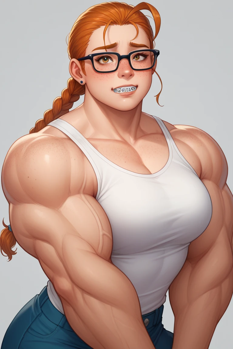 (masterpiece, best quality:1.2), 1girl, solo short orange hair, thick-rimmed dark purple glasses. ,a white long-sleeved dress shirt underneath a dark and lime green, and cadet blue diamond checkered sweater vest, along with a black bow attached to her dress shirt collar,,muscular,female,bodybuilder,strong,toned physique,ripped muscles,lean body,fitness enthusiast,empowered,confident,posing on the stage,determined expression,fierce competition,bulging biceps,sweat dripping,veins popping,athletic physique,intense workout sessions,strong legs,bulky shoulders,disciplined lifestyle,dedicated training regimen,fitness inspiration,endurance,unstoppable force,barbell,weights,exercise equipment,stamina,perseverance,sculpted arms,powerful presence,fitness model,athleticism,competition preparation,high-intensity training,competition stage,striking physique,mental fortitude,motivation,hard work,persistence,inspiring,admired by others