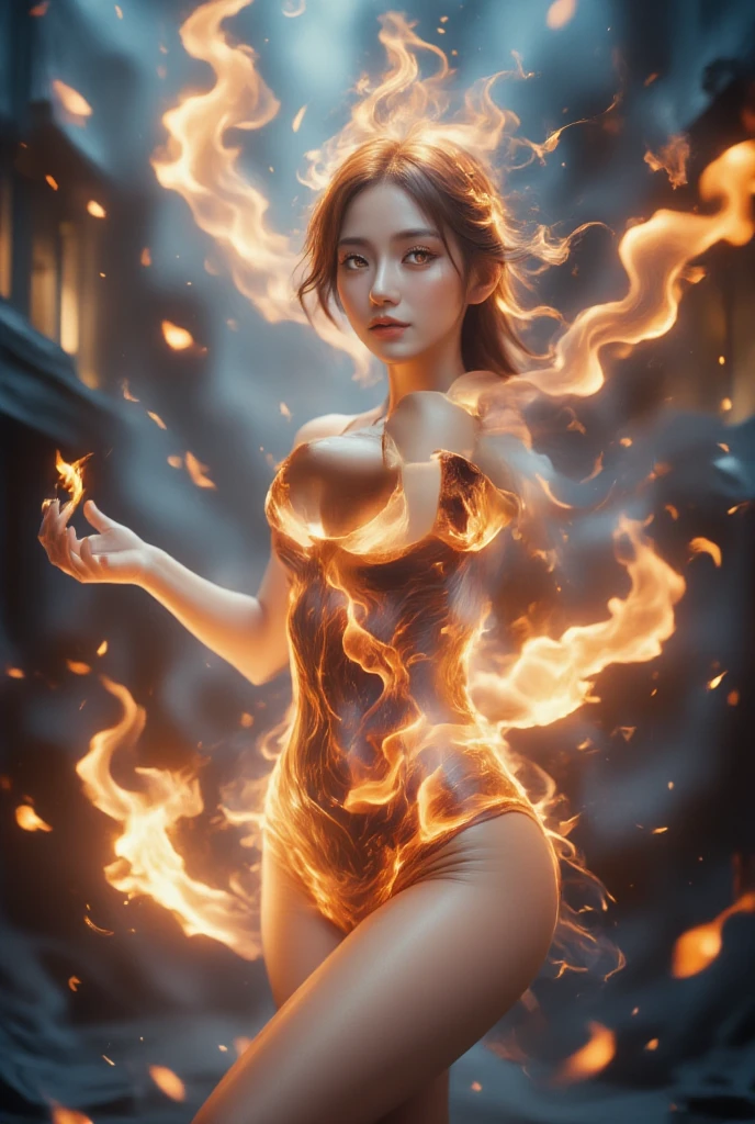 Girl playing with fire, ablaze with intensity, Glowing embers, Swirling smoke, Mesmerizing action, Flowing red hair, Dark background, Intense lighting, Fiery atmosphere, (tall)), (((fit body))), (((slim face))), sharp face, sharp eyes, (((,naked )) , (detailed face), sharp face, small lips, , (( )), ()), detailed face, detailed breast, , large breast, detail ass, , Beautiful girl with accentuated slender abs: 1.4, Six Pack Abs: 1.4, Bust Botox, Big, Perfect Body,