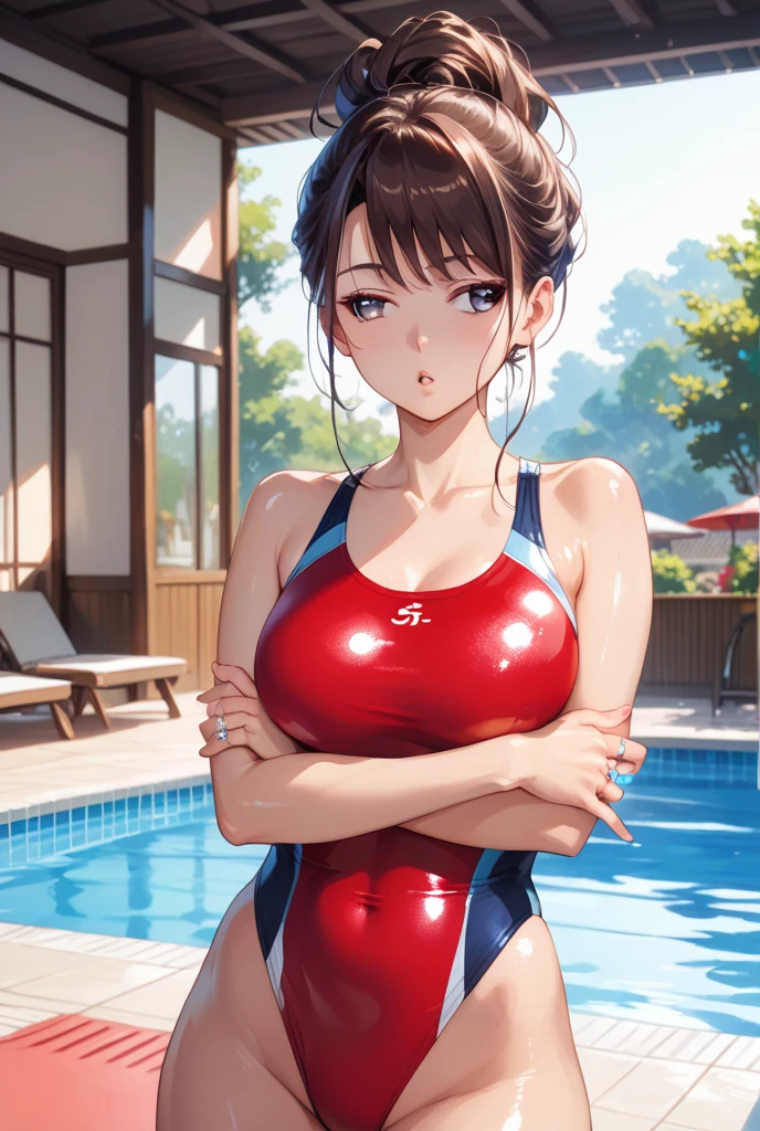 realisticlying、18-year-old girl、Wearing competitive swimsuits,Smile,Cleavage emphasis,Face Real,lips a little red,cheeks a little red,A sexy,swimming pools