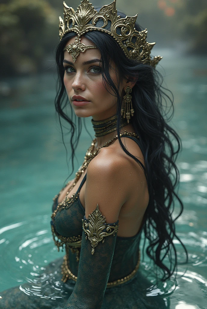 16k, portrait of Eva Mendes, wearing mermaid costume, against the background of the lake, character portrait, 3 9 9 0 s, long hair, intricate, elegant, highly detailed, digital painting, artstation, concept art, smooth, sharp focus, illustration, art by wlop, charlie bowater and alexandra fomina, impressive hairstyle, earings, necklace