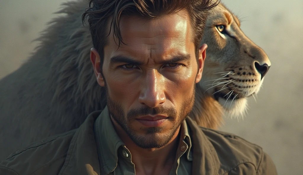 A handsome beautiful man in the desert without a shirt, two leopards beside him