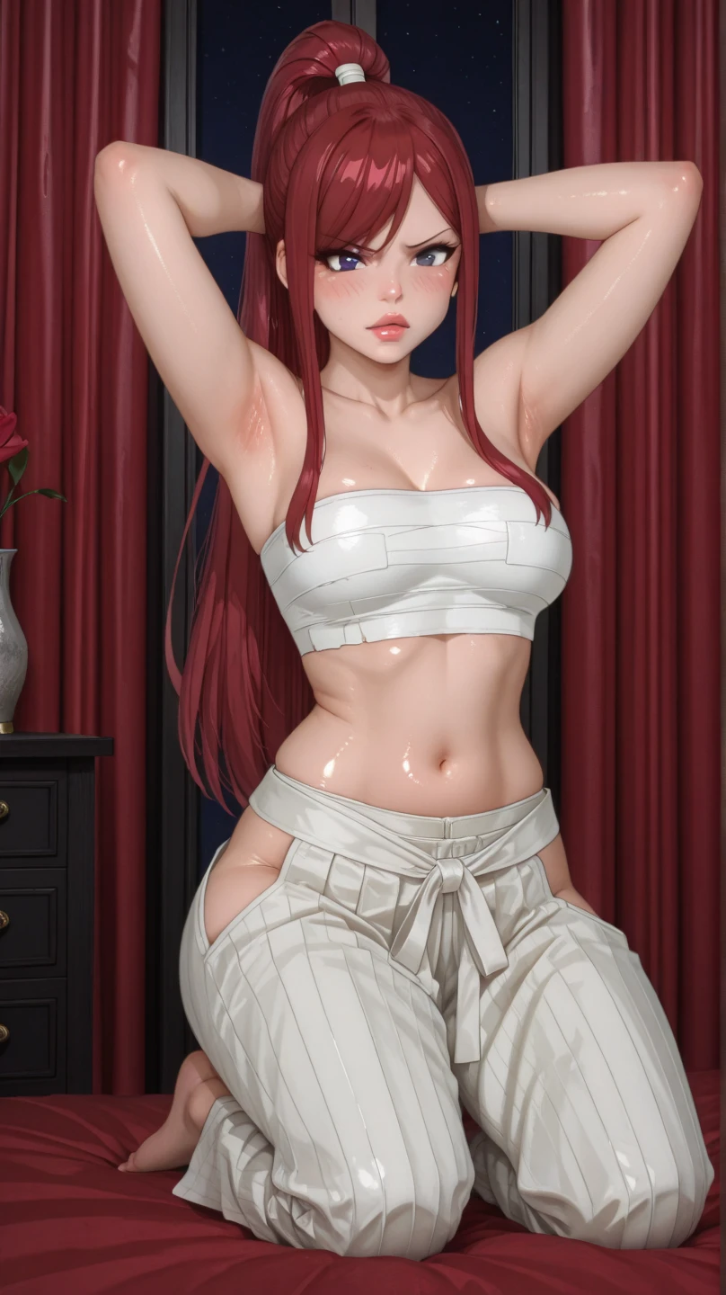 score_9, score_8_up, score_7_up, score_6_up, uncensored, ameri, absurdly long hair, red eyes, red hair, very long hair, pointy ears, fake fox ears, horny face, blush face, lips, naughty face, shiny skin, sweating, wet, wet hair, steaming body, saliva, heavy breathing, large breasts, detailed body, detailed eyes, 1girl, breasts, solo, navel, thigh_gap, looking_at_viewer, pants, standing, 