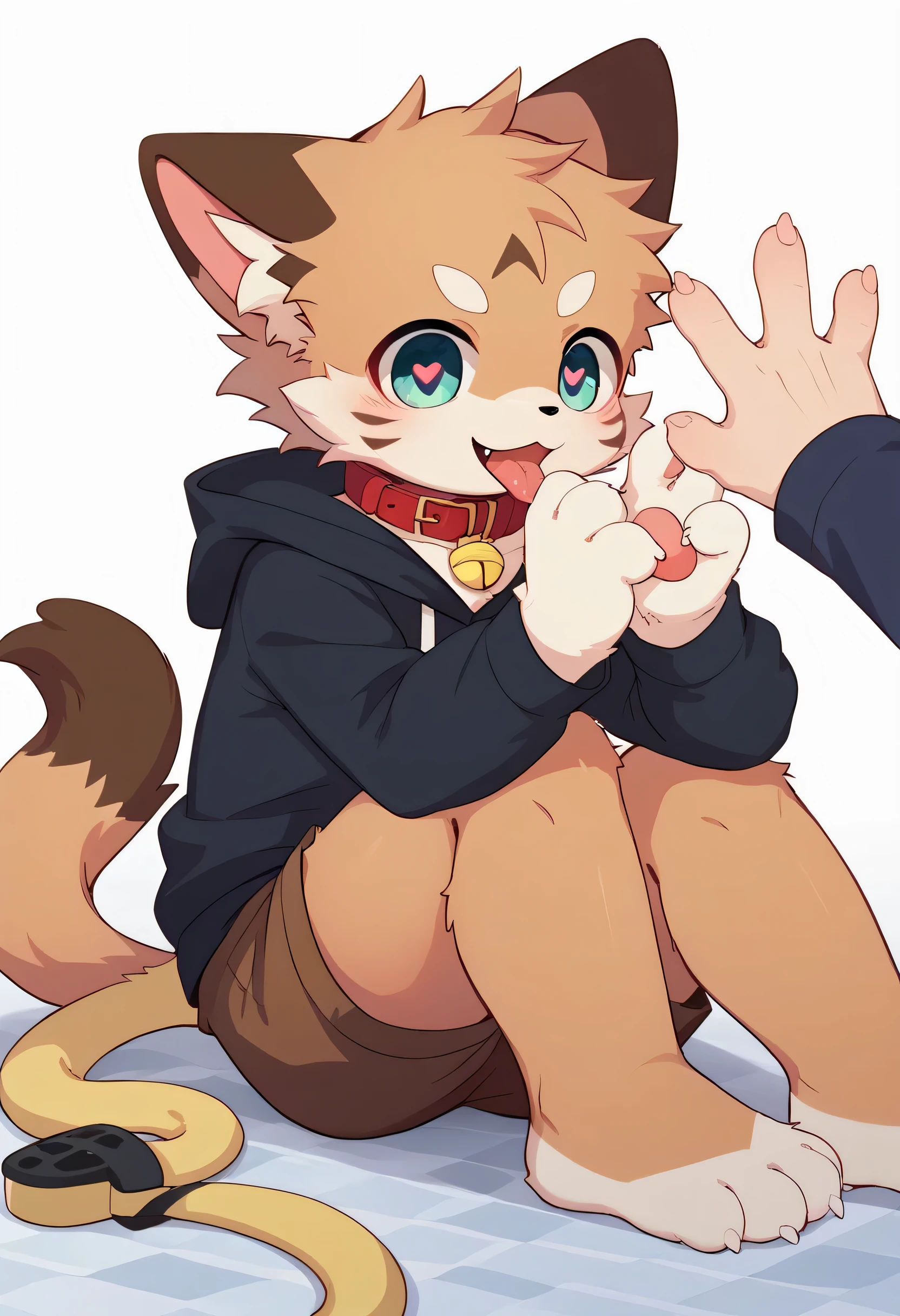 cute furry cat boy shota, clothed, on knees, tongue out, being cummed on by a penis off screen, cum in mouth, cum on face, detailed, accurate anatomy,